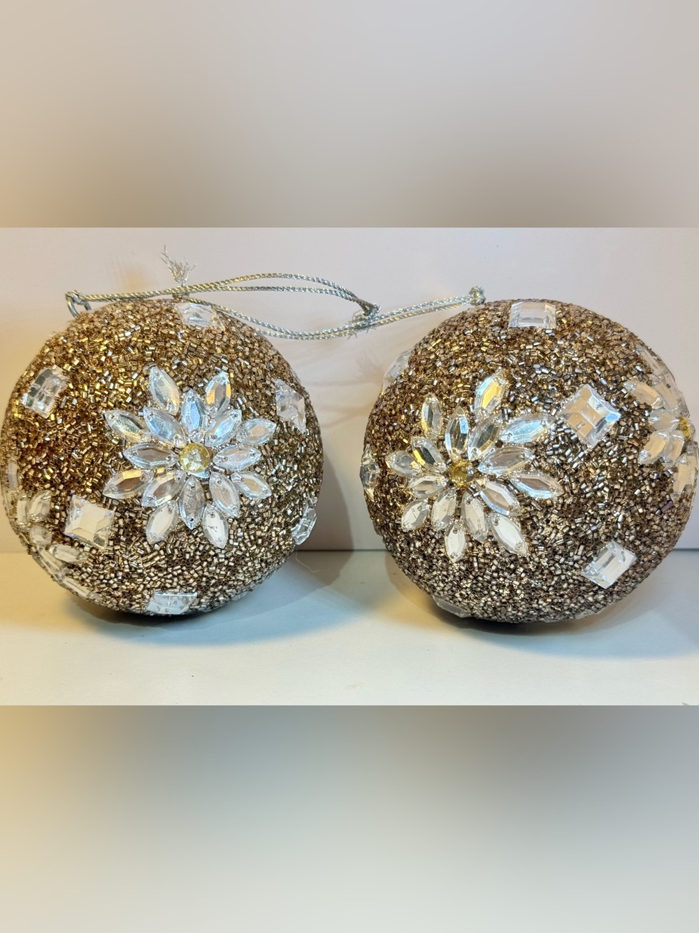 Gold/brownish Beaded Holiday Ornament Set with Crystal Flower Accents